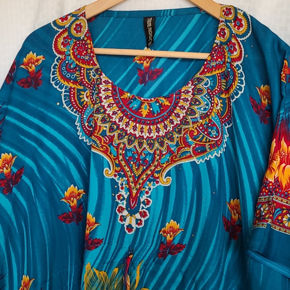 True Rock Caftan Blue with Orange Flowers Free SZ